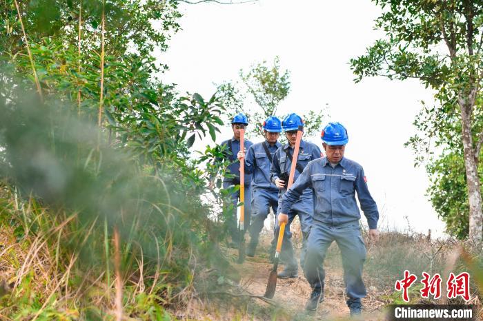 圖為“國旗巡線班”沿著邊境線開展輸電線路巡視工作?！≡篮?　攝